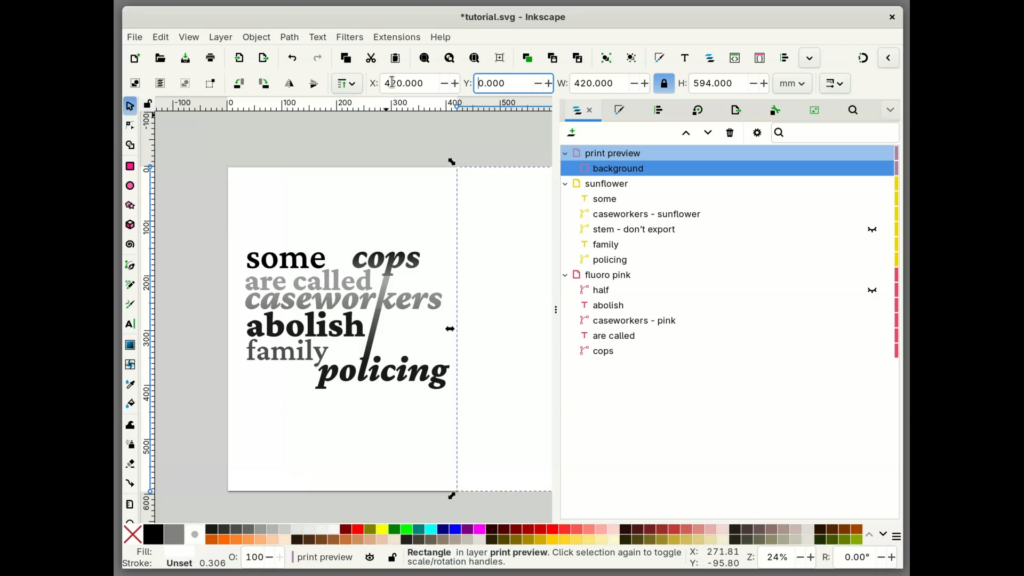 a screenshot of inkscape showing a white, canvas-sized rectangle to the right of the main canvas