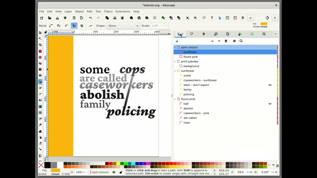 a screenshot of inkscape showing an orange, canvas-sized rectangle to the left of the main canvas