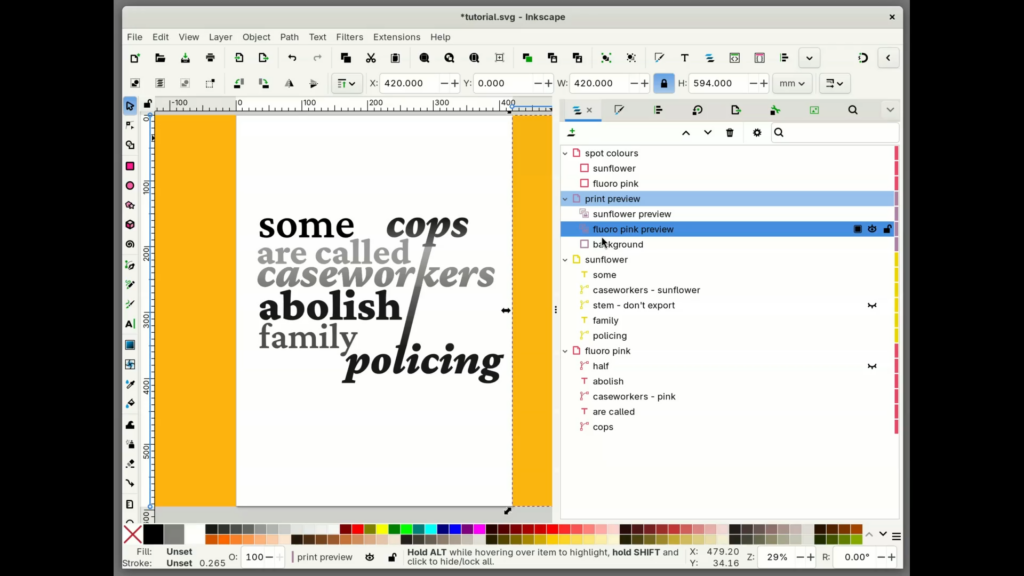a screenshot of inkscape showing two cloned spot colours in a layer below the main spot colour layer
