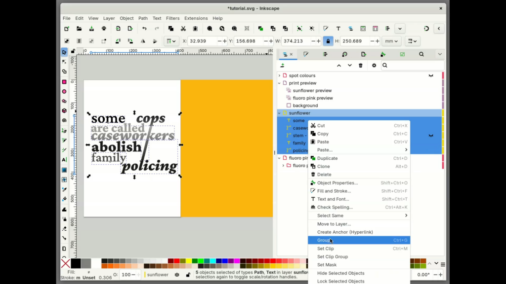 a screenshot of inkscape showing the secondary click modal after having selected all items in the sunflower layer; "group" is highlighted
