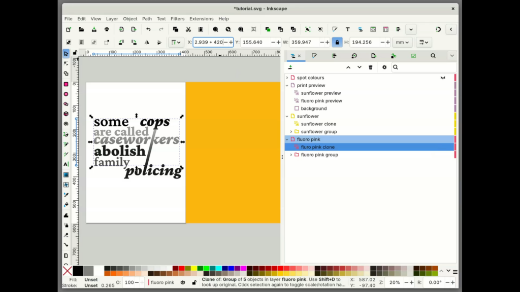 a screenshot of inkscape in the process of moving the fluoro pink clone; the cursor is in the menu bar adding 420 to the value of x