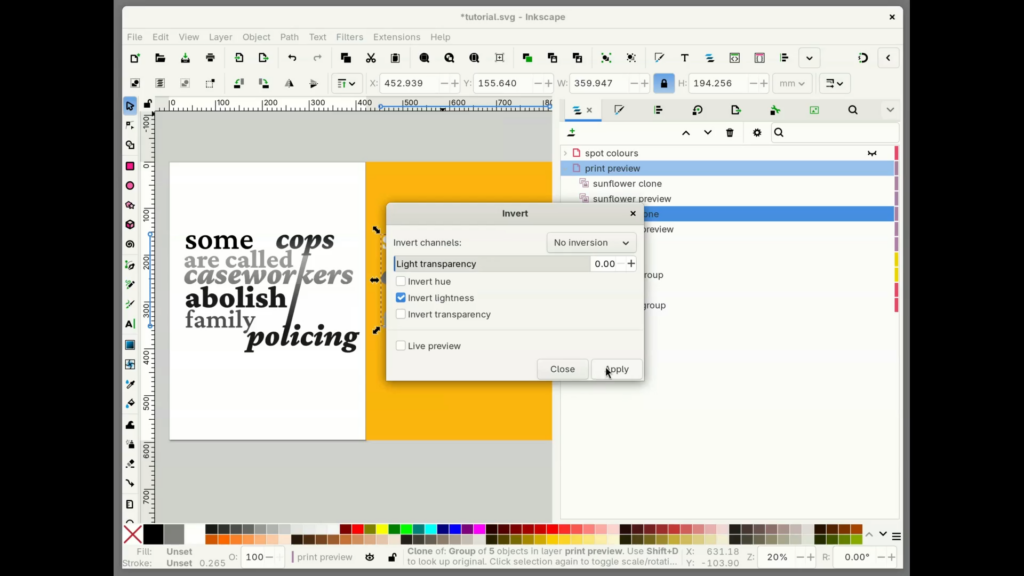 a screenshot of inkscape overlaid with the "invert" modal; invert channels = "no inversion", light transparency = 0; and everything else is unchecked other than invert lightness