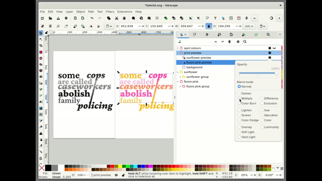 a screenshot of inkscape showing the object opacity/blend mode modal. "normal" is selected, but the mouse pointer hovers over "multiply"