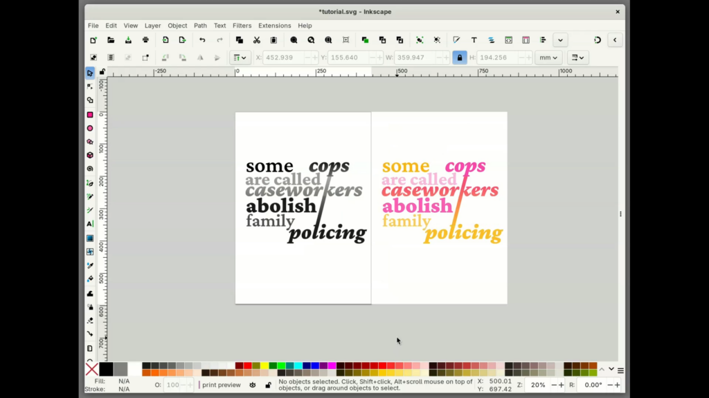 a screenshot the final product in inkscape. text art reading "some cops are called caseworkers abolish family policing" is in black & white on the left and blended pinks, oranges, and yellows in the right